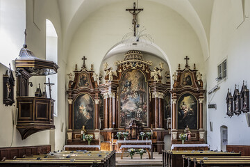 Fototapeta na wymiar Interior of St. Stephan Capuchin church (was built in 1717) in Bratislava city. Church is dedicated to St. Stephan - first Hungarian king. BRATISLAVA, SLOVAKIA. May 7, 2016.