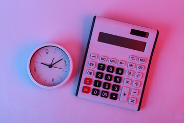 Calculator and clock in pink blue gradient neon light