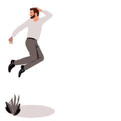  Young guy has beard is smiling , wearing gray long shirt and slacks with shoes is jumping on leaves in monotone.A businessman jumps with happiness in copy space.Vector isolate flat design for Freedom