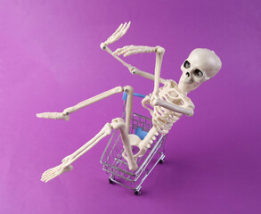 Skeleton in shopping trolley on purple background