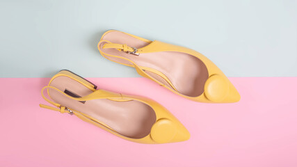 women's shoes on a multi-colored background, pastel colors.