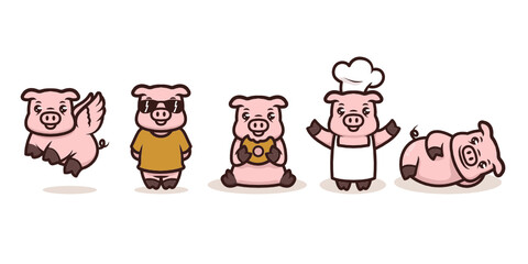 Set of cute baby pigs mascot design