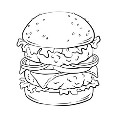 Double hamburger. Hand drawn cheeseburger, fast food vector illustration