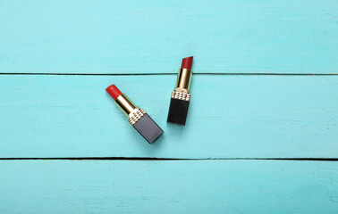 Lipstick on a wooden blue table