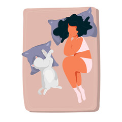 A young girl sleeps in a bed with a cute cat. Flat vector illustration
