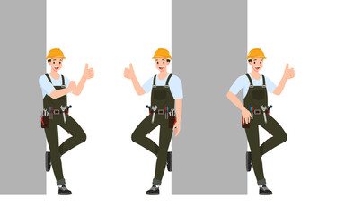 Set of builder, mechanic or repairman with a toolbox and holding a hammer wear blue jeans presentation in various poses with happy emotions. Set of different actions in cartoon style.