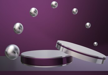 3d rendering empty purple and silver cylinder podium with silver or metallic spheres in an arch shape. Abstract minimal geometric design mockup for product display, showcase cosmetics. Luxury Concept.
