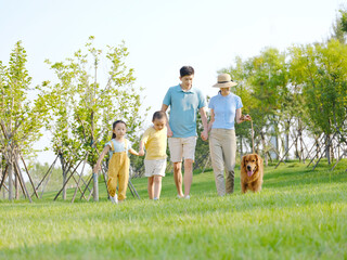 Obraz premium Happy family of four walking dogs in the park