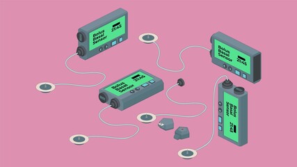 Isometric vector illustration of insulin pump, glucose sensor and catheter.
