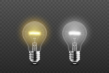 Vector 3d Realistic Yellow and White Glowing, Turned Off Electric Light Bulb Icon Set Isolated on Transparent Background. Design Template. Inspiration, Idea concept. Front View