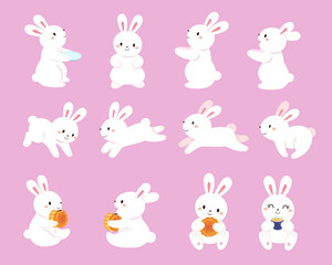 Various movements of the rabbit, including eating moon cakes and drinking tea