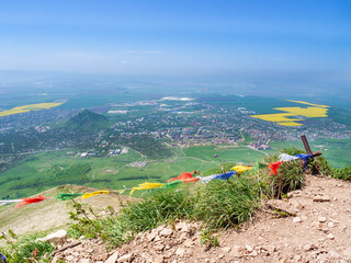 Traditions of Buddhism. Landscape Tibetan protective, prayer flags on the top of the mountain...