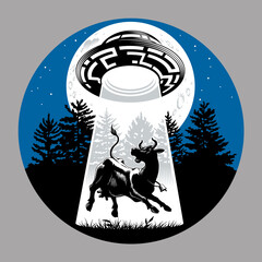 Alien UFO abducts cow. Flying saucer and ray of light. Sky, moon and forest on background. Comic style vector illustration. - obrazy, fototapety, plakaty