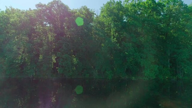 Aerial video of summer green forest and pond or lake at sunset