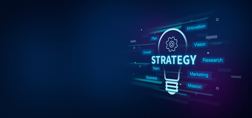 Strategy text on digital blue background. with bulb and gear icon. Strategy concept.