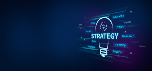 Fototapeta premium Strategy text on digital blue background. with bulb and gear icon. Strategy concept.