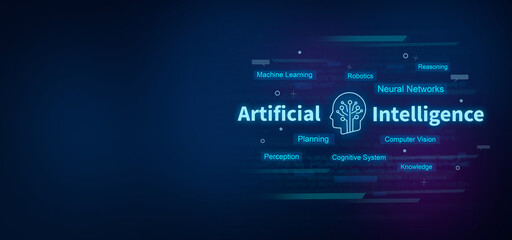 Artificial Intelligence AI on digital blue background. Artificial Intelligence concept.
