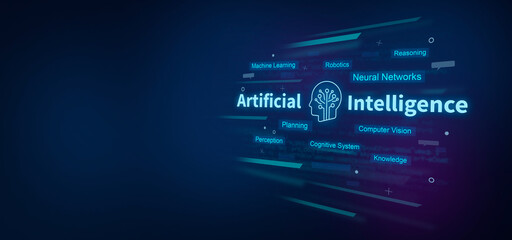 Artificial Intelligence AI on digital blue background. Artificial Intelligence concept.