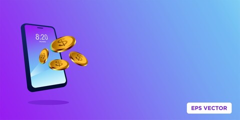 smartphone and gold coin 3d flat modern vector illustration. Concept of working online earning money from internet