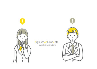 ブレザーの高校生のシンプルでお洒落な線画イラスト　男女セット
