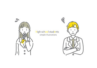 悩んでいる高校生のシンプルでお洒落な線画イラスト　男女セット