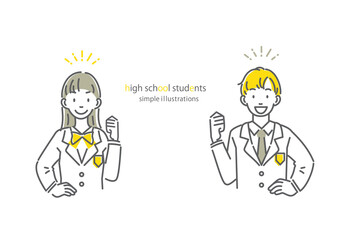 ガッツポーズをする高校生のシンプルでお洒落な線画イラスト　男女セット