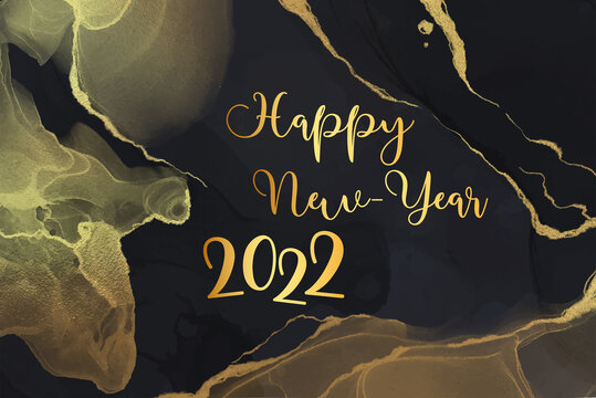 card or banner on a happy new year 2022 in gold with gold color gradient effects on a black background