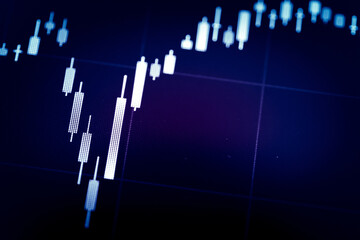 Stock market data on digital LED display. A daily market price and quotation of prices chart and candle stick tracking for Forex trading.
