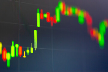 Financial data of stock market in term of a digital prices on LED display. A number of daily market price and quotation of prices chart to represent candle stick tracking in Forex trading.	
