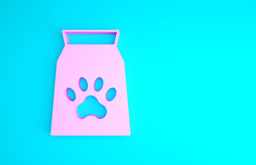 Pink Bag of food for pet icon isolated on blue background. Food for animals. Dog bone sign. Pet food package. Minimalism concept. 3d illustration 3D render