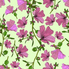 Flowers and leaves on a green background.