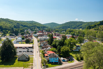 View over the railway towards the historic small town of Philippi in Barbour County in West Virginia