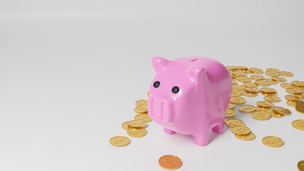 piggy bank and money with blank background 3d rendering