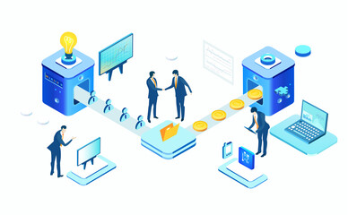 Isometric 3D business environment with business people working around conveyer belt, manufacturing parts, gears, money. New start up business, management, support infographic concept. 