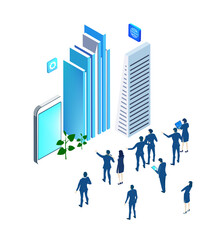 Isometric 3D business environment with business team working around skyscrapers. New start up business, management, property, urban development infographic concept. Isometric working space