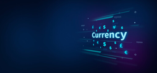 Currency text on digital blue background. Currency concept.