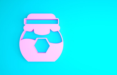 Pink Jar of honey icon isolated on blue background. Food bank. Sweet natural food symbol. Minimalism concept. 3d illustration 3D render