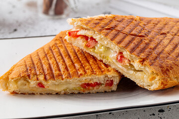 Fresh grilled caesar panini on a light background