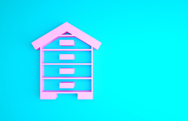 Pink Hive for bees icon isolated on blue background. Beehive symbol. Apiary and beekeeping. Sweet natural food. Minimalism concept. 3d illustration 3D render