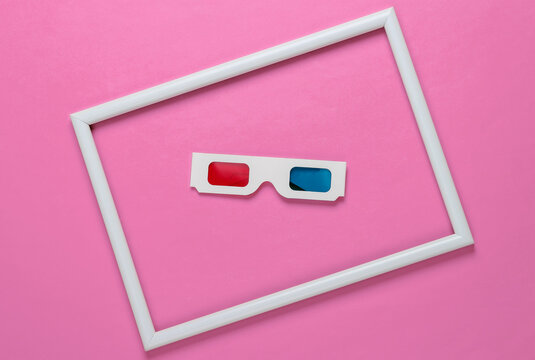 Retro 80s paper stereo 3D glasses with red-blue eye filters on pink background with white frame. Concept art