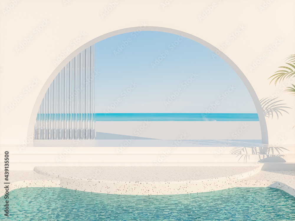 Aufkleber Summer scene with geometrical forms, arch with a podium in natural day light. sea view. 3D rendering background.
