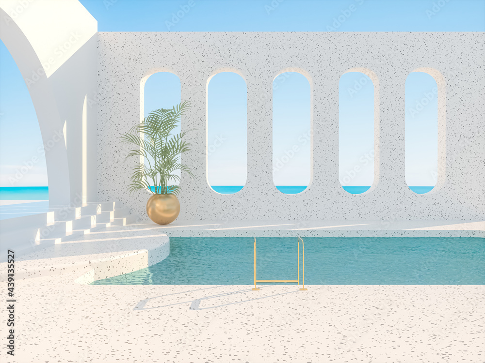 Poster summer scene with geometrical forms, arch with a podium in natural day light. sea view. 3d rendering