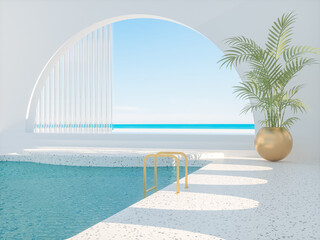 Summer scene with geometrical forms, arch with a podium in natural day light. sea view. 3D rendering background.