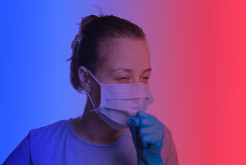 Symptoms of the flu. Woman in medical mask coughs. neon light.  Covid-19.