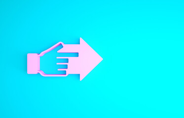 Pink Hand with pointing finger with arrow icon isolated on blue background. Business vision and target. Concept business finance, character, leader. Minimalism concept. 3d illustration 3D render