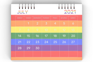 3d rendering of important days concept. June 1st is the start of pride month on calendar. Human rights and tolerance. LGBTQ+ flag. Rainbow colored calendar in English