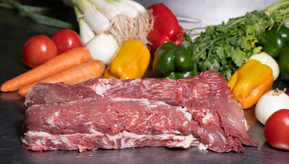 Beef or beef ready to cook and consume. Concept of traditional food at home. Carne de ternera o res lista para cocinar y consumir. Concepto de comida tradicional en casa. 