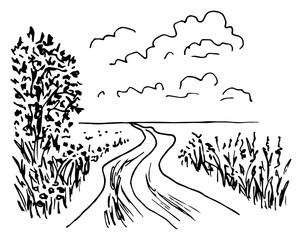 Simple hand-drawn vector drawing in black outline. Overgrown country road, trees, grass, clouds. Rural landscape, nature, suburb. Ink sketch.