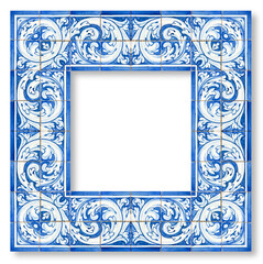 Frame design with typical portuguese decorations called azulejos - concept isolated on white with copy space