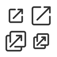 Pixel-perfect linear icons of external link (open in new window)  built on two base grids of 32x32 and 24x24 pixels. The initial base line weight is 2 pixels. In one-color versions. Editable strokes